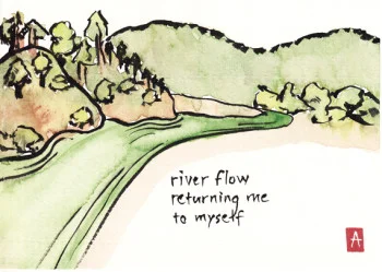 “river flow” is 4″x6″, painted with sumi ink and Japanesr watercolors on paper. © Annette Makino