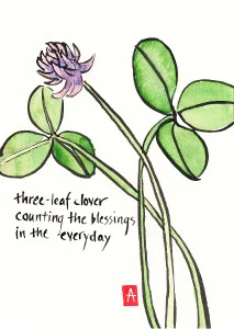 “three-leaf clover” is 5×7, painted with sumi ink and Japanese watercolor on paper. Published on DailyHaiga (Dec. 14, 2012).