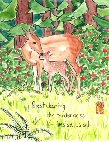 “forest clearing” is 11×14, painted with sumi ink and Japanese watercolors on paper. A holiday card version reads, “all is calm, all is bright.” © 2014 Annette Makino