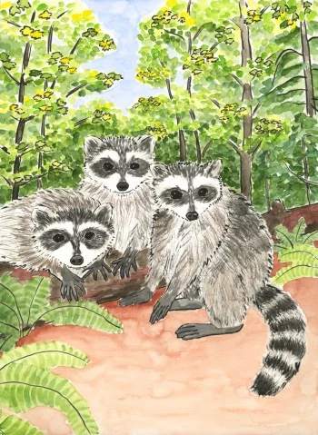 “love from the gang” is 11×14, painted with sumi ink and Japanese watercolors on paper. It is also available as a card reading “love from the gang.” © 2015 Annette Makino