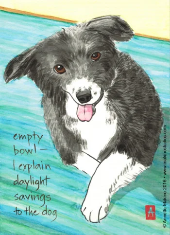 “empty bowl” is 5×7, painted with sumi ink and Japanese watercolors on paper. It is available as a birthday card reading “how old is that in dog years?” © Annette Makino 2016