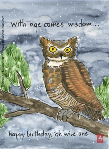 “with age comes wisdom” is 11×14, painted with sumi ink and Japanese watercolors on paper. It is available as a birthday card . © Annette Makino 2015