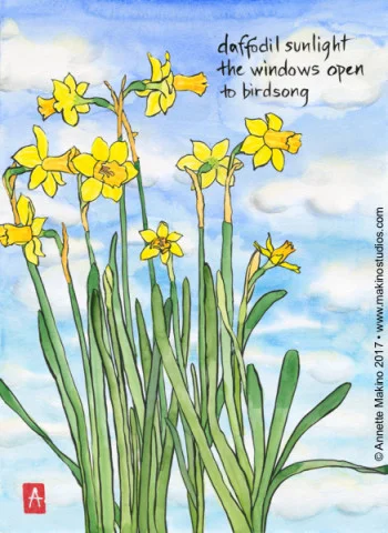 “daffodil sunlight” is 11×14, painted with sumi ink and Japanese watercolors on paper and digitally edited. A birthday card and a Mother’s Day card version are available. © Annette Makino 2017