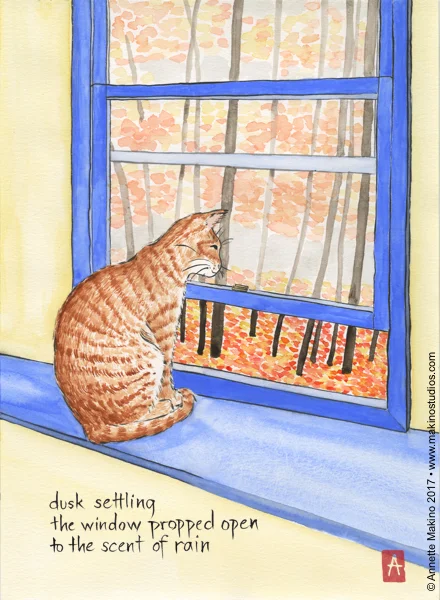 “dusk settling” is 11×14. There is a card version reading “holding you in my thoughts.” © Annette Makino 2017