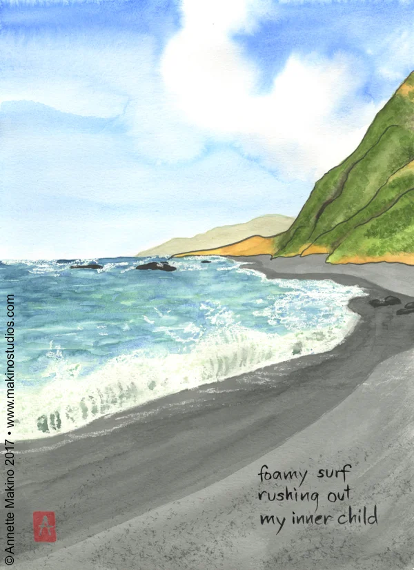 "foamy surf" is 11x14, painted with sumi ink and Japanese watercolors on paper. It depicts the Lost Coast in Humboldt County, California.