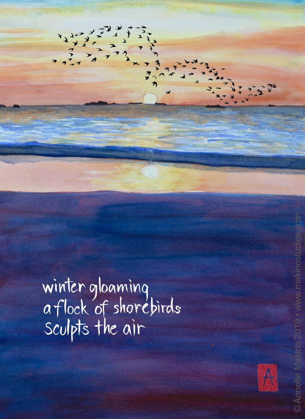 “winter gloaming” is painted with sumi ink and watercolors on paper. It is available as a sympathy card reading, “those we have loved are always with us.” © Annette Makino 2019