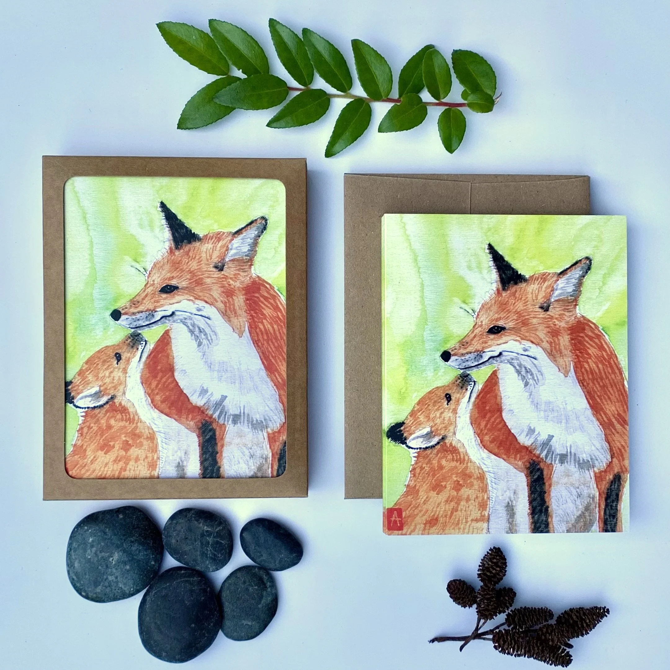 foxes notecard set - mama and baby red fox