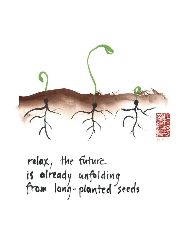 Digging into my Makino Studios archives, I found this piece of three seedlings from 2013, made with sumi ink and watercolor on paper. 

I wrote the words when I was still under the mistaken impression that haiku had to follow a 5-7-5 syllable pattern