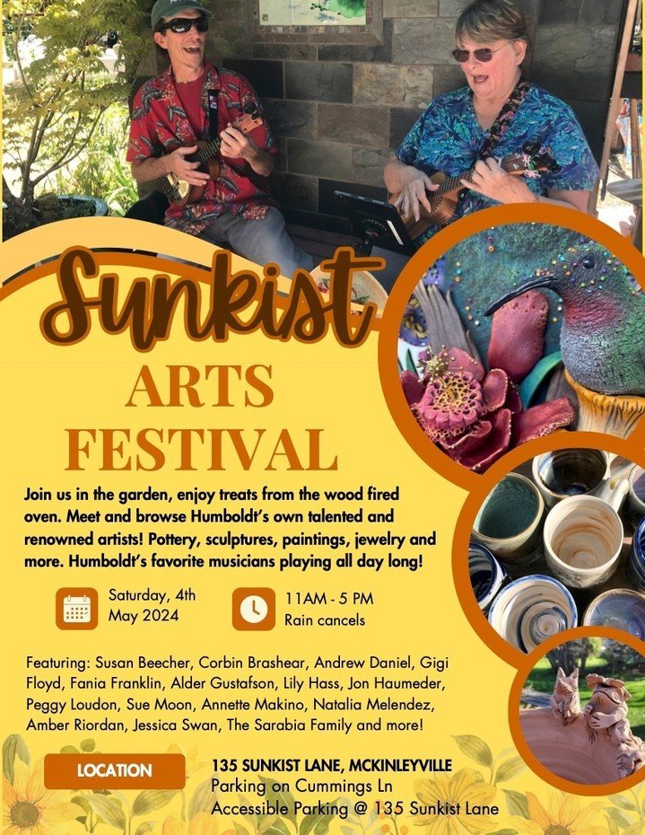 Local friends, Makino Studios will have a booth at the sweet and friendly Sunkist Arts Festival near the Blue Lake Murphy's. Talented artisans, gourmet food including wood-fired pizzas, and live music in the Sarabia family's garden. Takes place on Sa