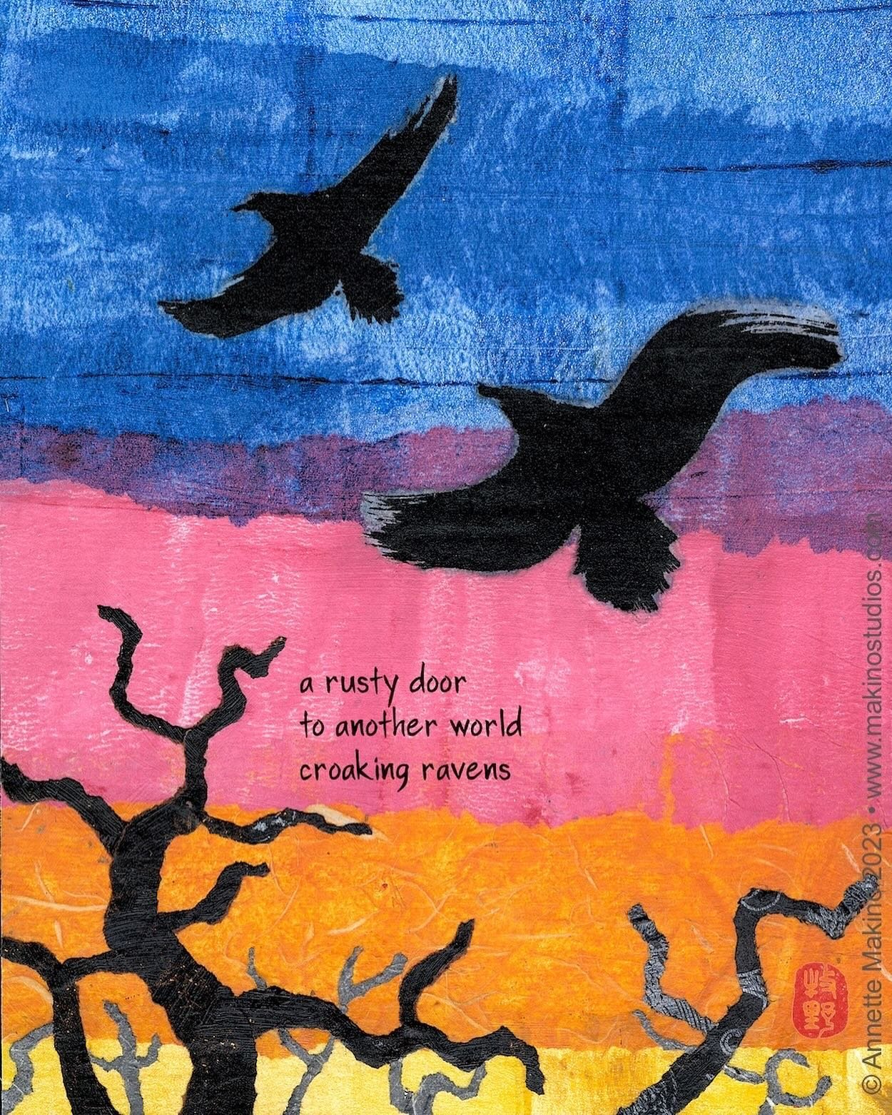 Happy International Haiku Poetry Day! Here&rsquo;s a haiga (art combined with haiku) with a Southwestern feel. Have you ever noticed how raven calls sound like rusty hinges?
⠀⠀⠀⠀⠀⠀⠀⠀⠀
Just saw a pair today soaring from their roost high in a clifftop&