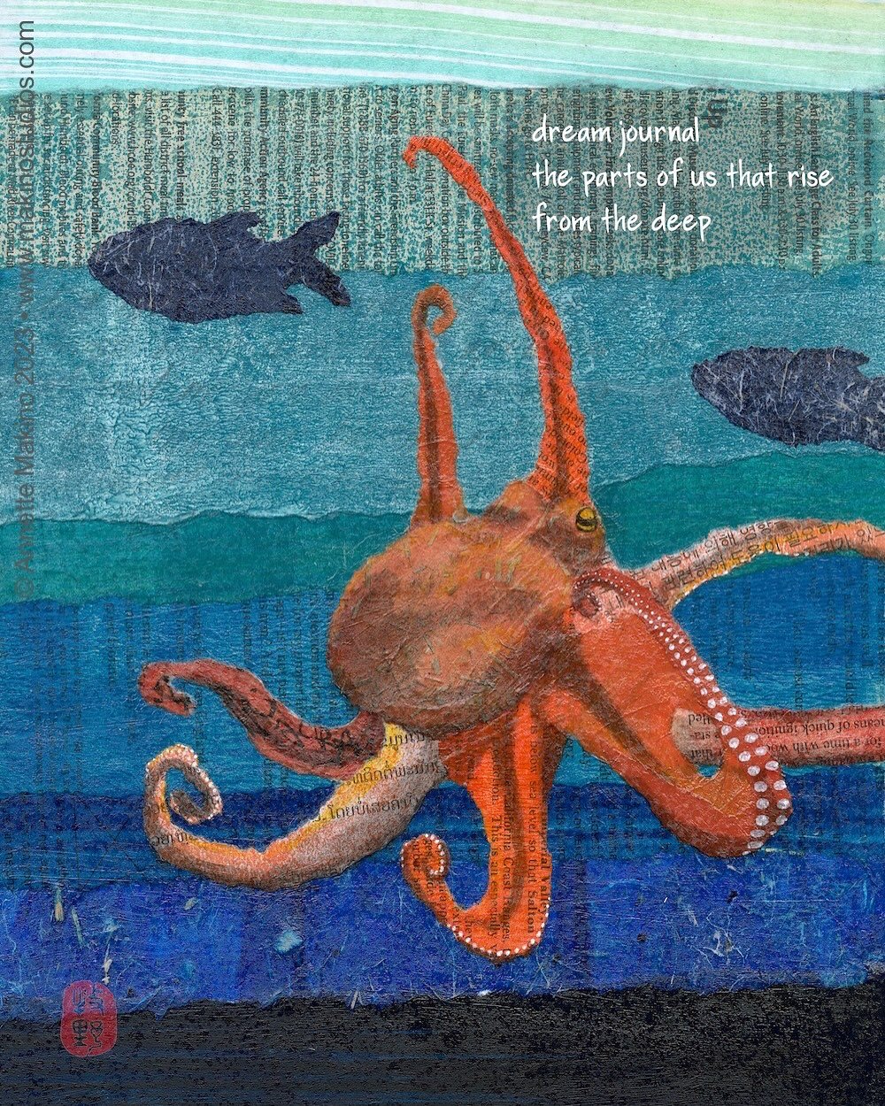 Here is the mixed media collage that went home with @artfromthehart last weekend. Octopuses fascinate me with their nine brains, three hearts, and ability to camouflage themselves instantly. They are very intelligent and can recognize individual huma
