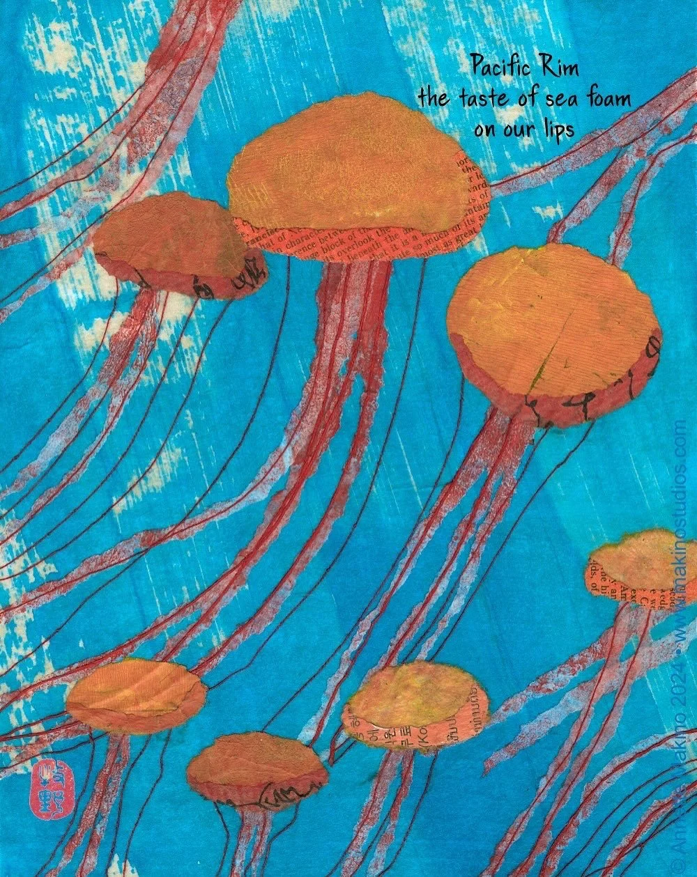 Pacific Rim
the taste of sea foam
on our lips
This is one of the original mixed media collages I showed at Haiku North America. “Pacific Rim” is 8x10, made with acrylic paint, paper (including rice paper, text from an old map, a vintage