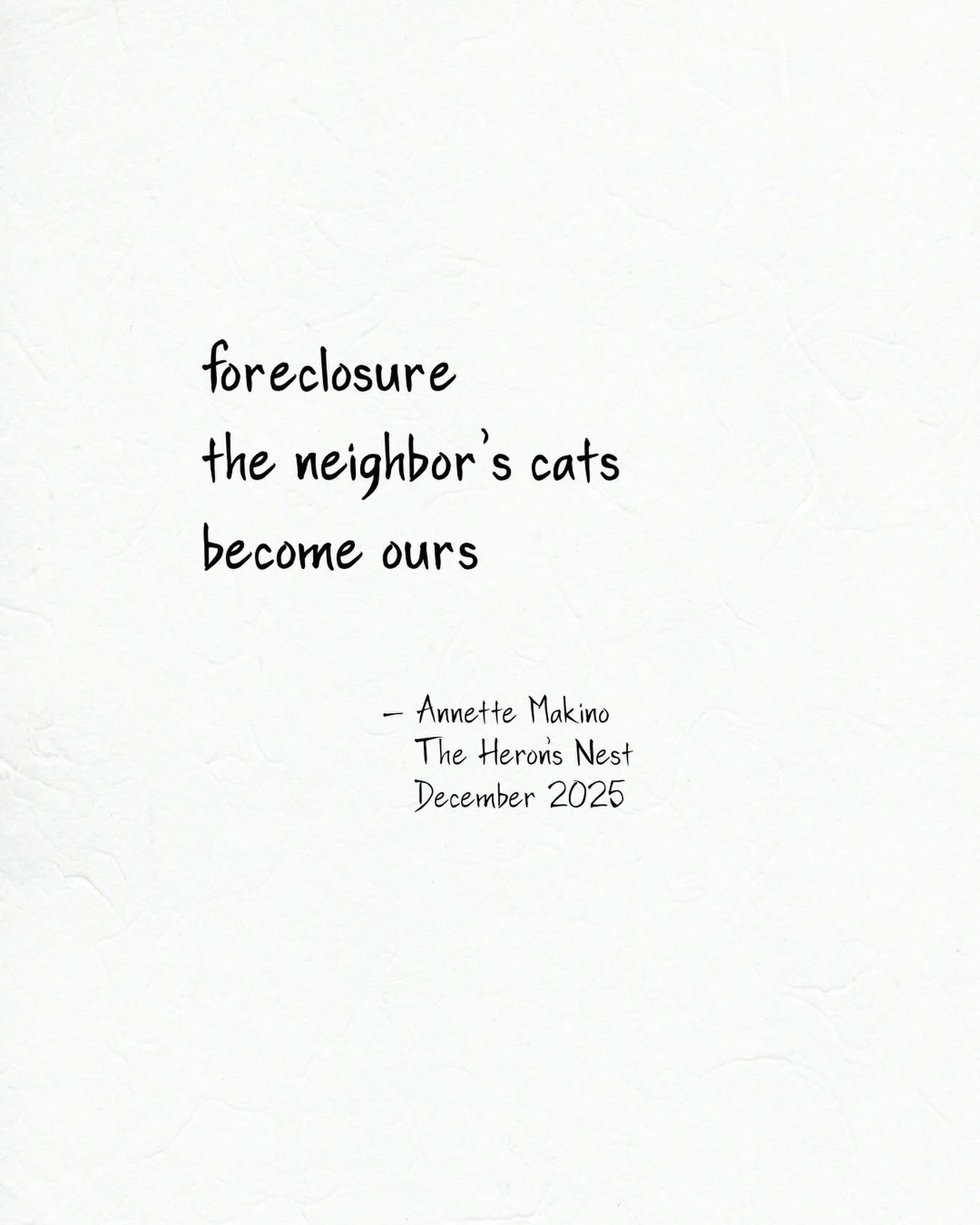 Well, the cats have since moved on to other neighbors, but we&rsquo;re happy they still visit now and then!
⠀⠀⠀⠀⠀⠀⠀⠀⠀
Thanks to editor Julie Schwerin at The Heron&rsquo;s Nest for including this one.
⠀⠀⠀⠀⠀⠀⠀⠀⠀
#haiku #senryu #micropoetry #cats #pets