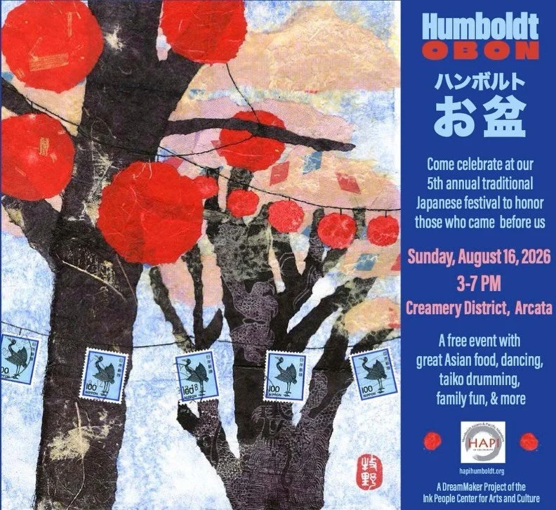 I&rsquo;m honored that my mixed media collage was chosen for this year&rsquo;s Obon Festival poster and tee shirt! Locals, come celebrate with Asian food, taiko drumming, dancing, kids activities and craft vendors. Organized by @hapihumboldt, this fe