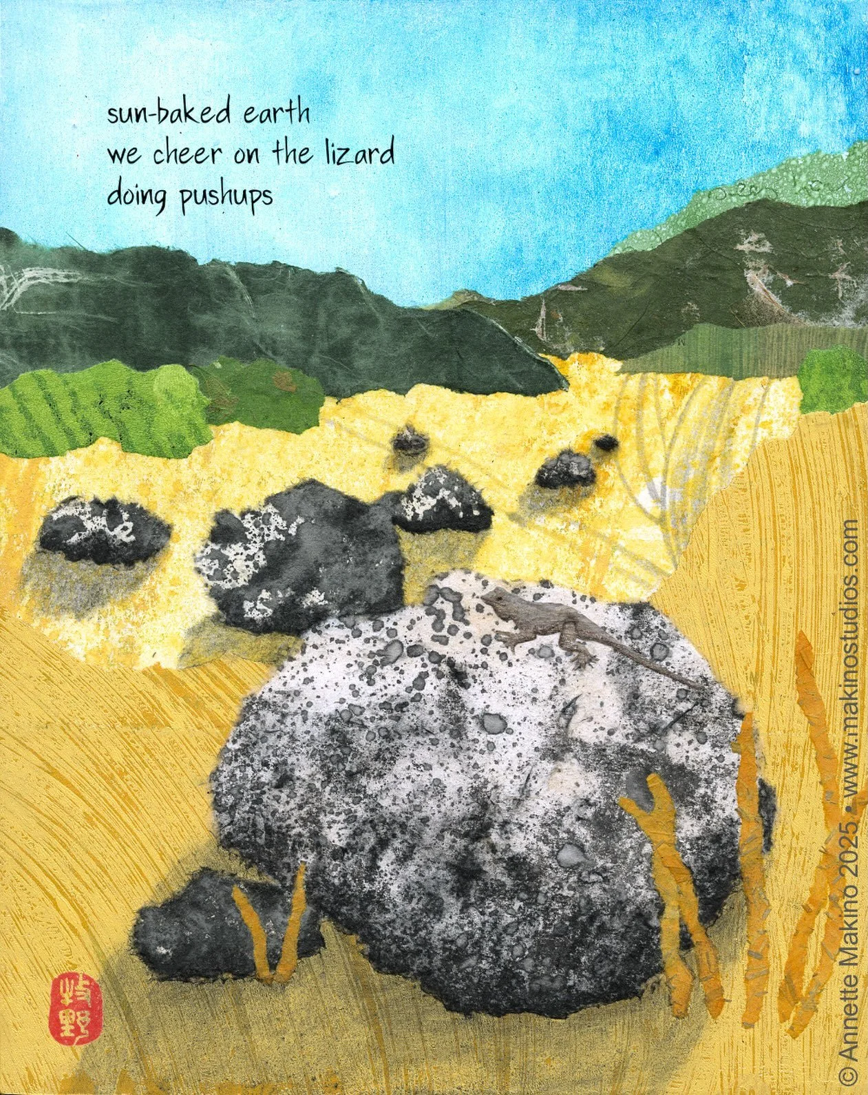 I love summer&mdash;dry heat, golden grasses, the chirping of crickets in the evening... but living in cool coastal Arcata, we often have to go inland for that experience. This mixed-media collage haiga shows a path near Orleans, California, along th