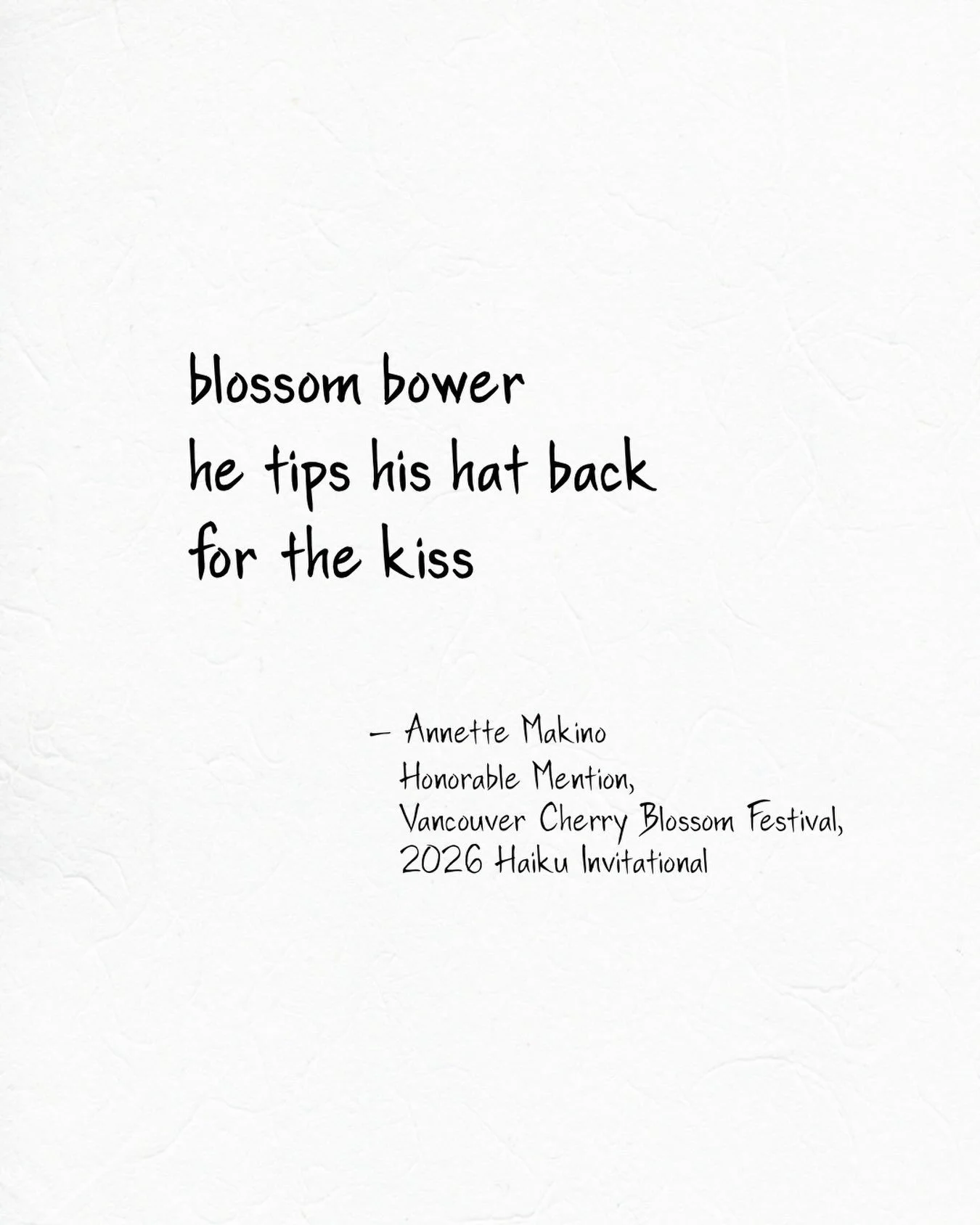 What a sweet surprise to find this haiku was honored in this year&rsquo;s Haiku Invitational of the Vancouver Cherry Blossom Festival! My thanks to judges John S Green, Paul Miller, and Isabella Mori.

#haiku #cherryblossoms #micropoetry #haikucontes