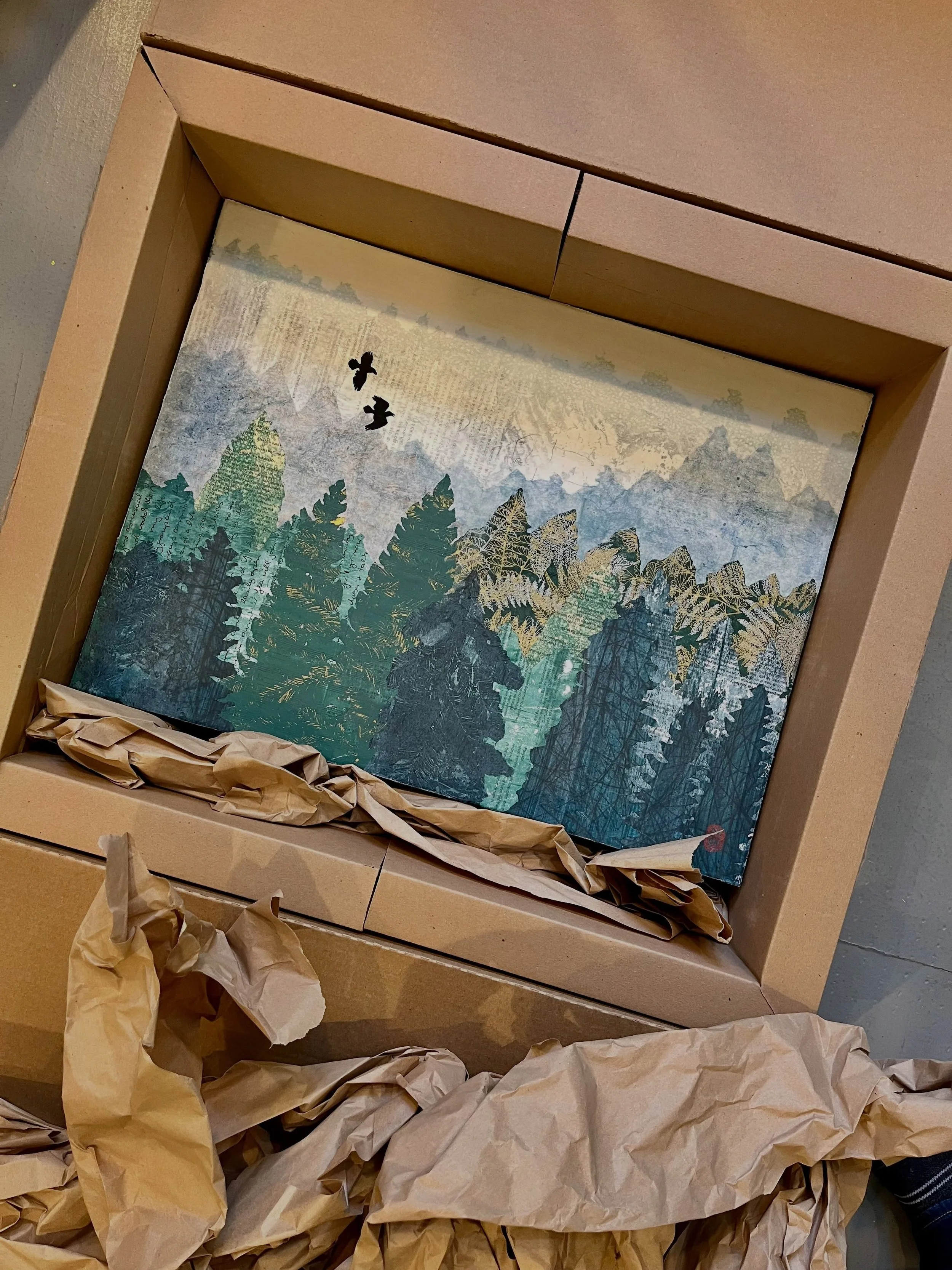 Shipping this mixed media collage, &ldquo;Forest Hush,&rdquo; to a new home in Washington, DC today! May the spirit of the redwoods bring some peace and serenity to that sanity-challenged city. 

#makinostudios #mixedmedia #collage #redwoods #humbold