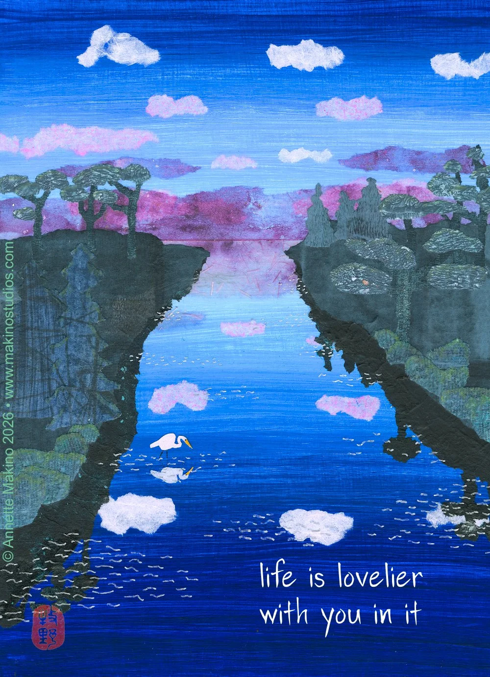 NEW! river sunrise card with egret - love and friendship art card (482)