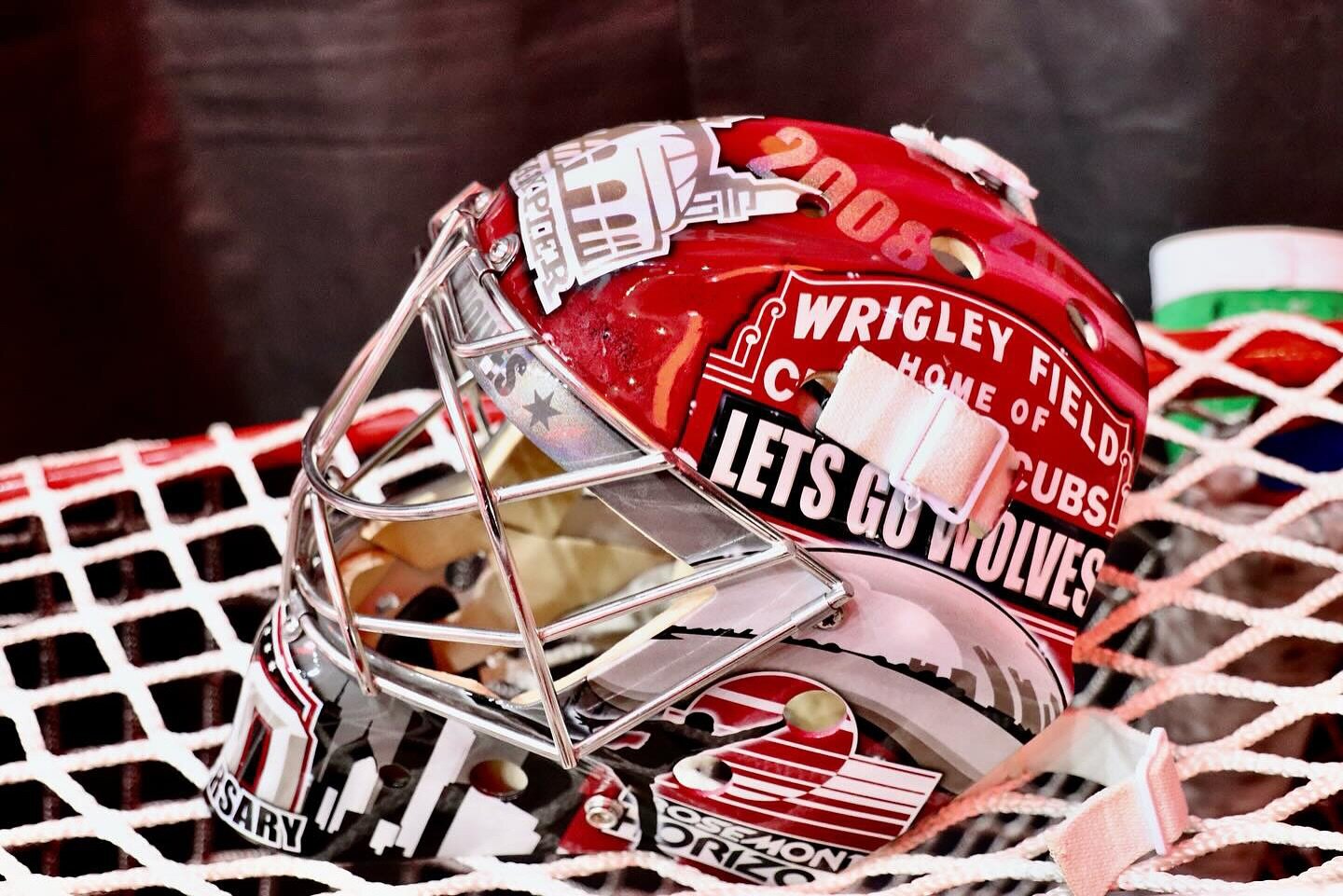 Great pics from @doncarlson4524 of @adamscheel31 @chicagowolves mask.