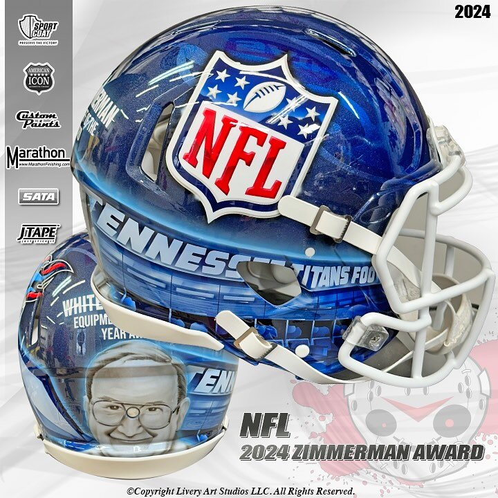 NFL | 2024 WHITEY ZIMMERMAN EQUIPMENT STAFF OF THE YEAR AWRD TO TENNESSEE TITANS. 

#nfl #riddell #football #footballhelmet #paintedhelmet #custompaint #airbrush #airbrushhelmet #liveryartstudios #airbrushthemagazine #gulfportmississippi #biloximissi