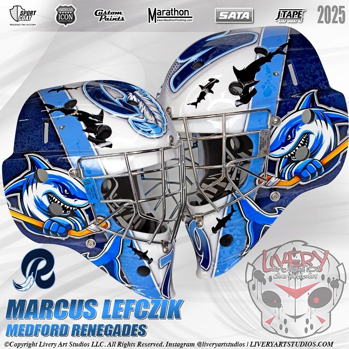 MARCUS LEFCZIK | MEDFORD RENEGADES #airbrush #paintedhelmets #goaliemaskart #custompaint #goaliemask #artist #goaliemaskdesign #goaliemaskpaint #airbrushhelmet #goalies #liveryartstudios #goaltender #goaliemaskart #goaliemasks @marathonspraybooths