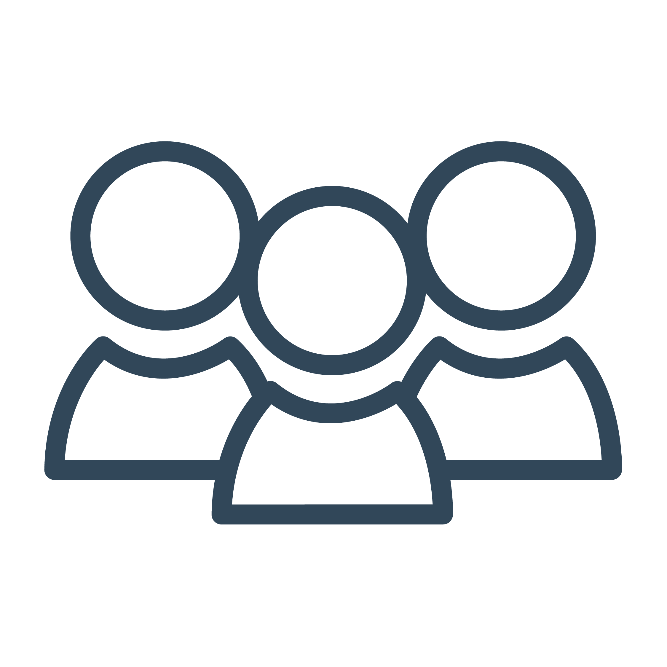 Outline icon of three people standing together, representing a group or community.