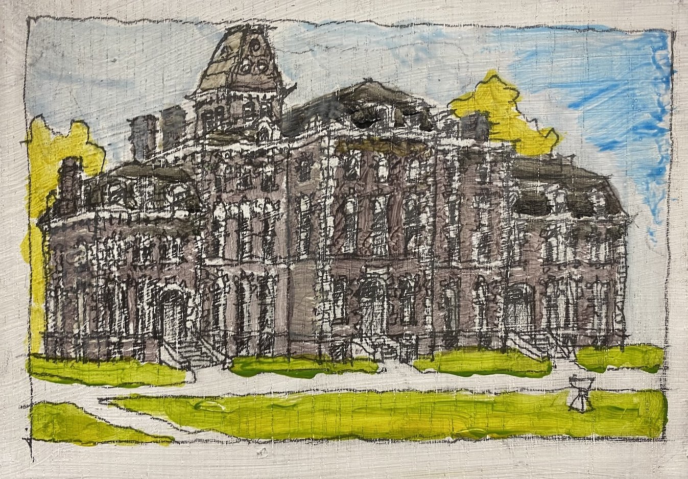 McGraw Hall, Cornell University, 5" x 7", Pencil and Acrylic on Wood