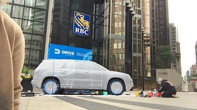 That&rsquo;s a wrap Toronto! We changed it up! I camouflage painted a *car* for the launch of @rbcdrive &amp; it will remain as an installation this week! Here&rsquo;s some quick time lapse sneak peeks from Day 1 &amp; 2. ::swipe::
This genuinely sounds like a helpful and cool app. If you&rsquo;re in Canada &amp; have a car, I recommend downloading it! 
Thanks to my talented &amp; trustworthy assistant @ericaetcetera for coming with me &amp; making this awesome. Thank you @rbcdrive @makers.to @send.andreceive for having us! 💕🙌🏻🍾