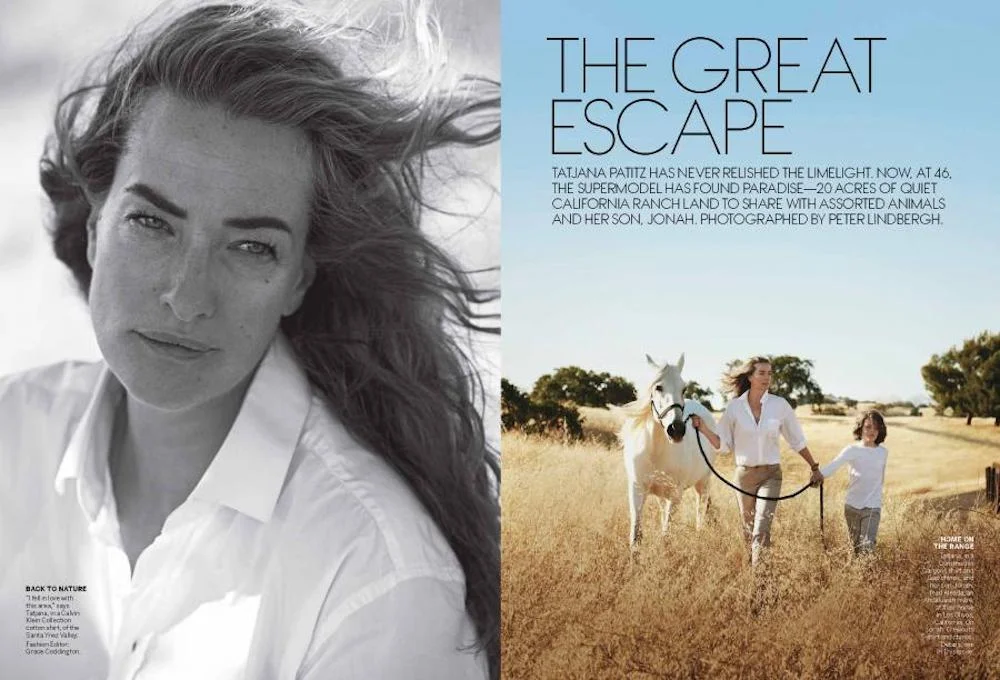 Tatjana Patitz and Jonah. Lensed by Peter Lindbergh for US Vogue.