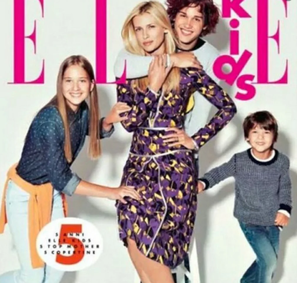 Daniela Pestova and her 3 children on the cover of ELLE Kids, Italy.