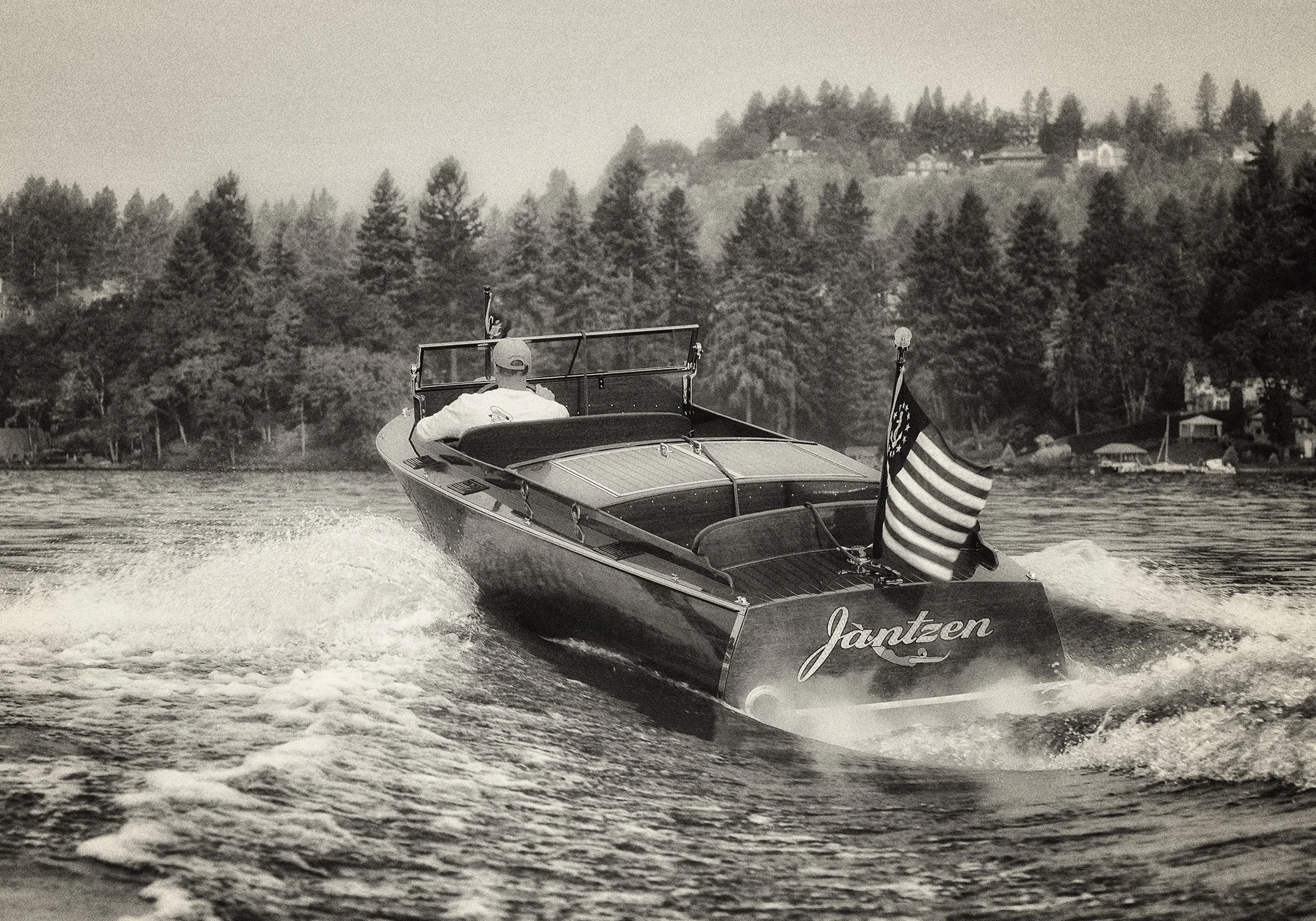 Mike Mayer on the beautifully restored Jantzen , Lake Oswego, Oregon. All photos on this page by Jim Trumbull, Jim Trumbull Studio .