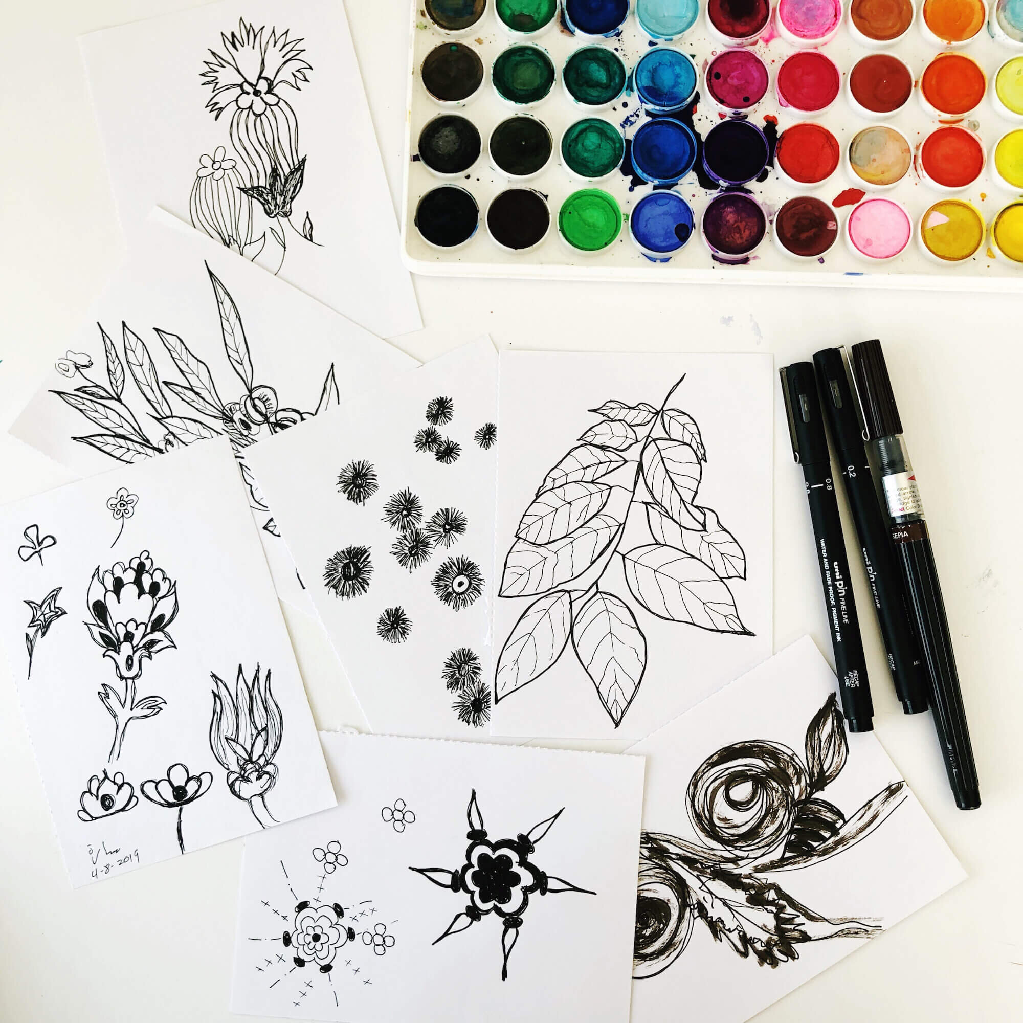 Early plant drawings and doodles with pens and a watercolour set - the first quiet signs of a creative life