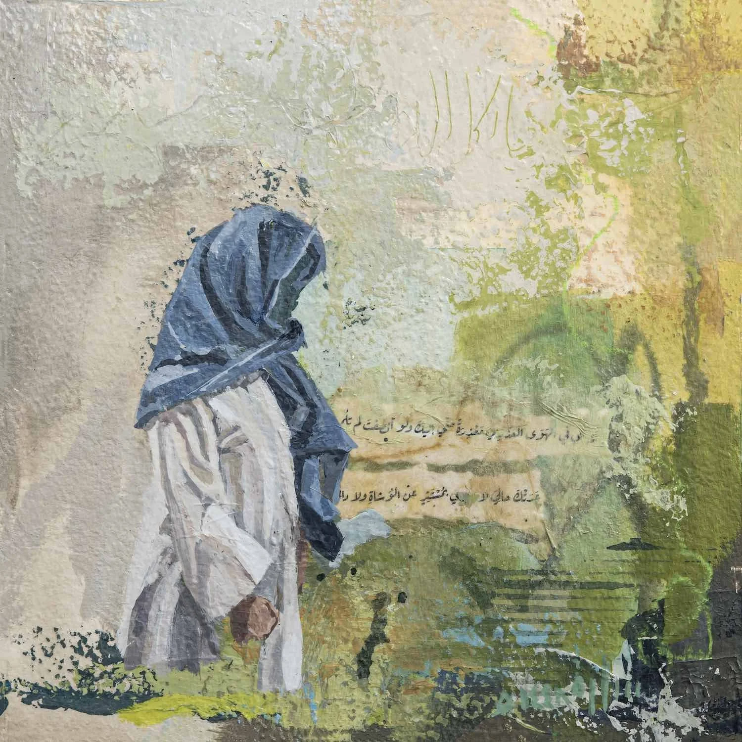 Ya Rasul Allah, a standing figure in a blue headwrap and cream robe with shadowed folds, against an ochre and olive-green ground, two collaged Arabic verse fragments, from the Burda Collection by Sara Kabariti