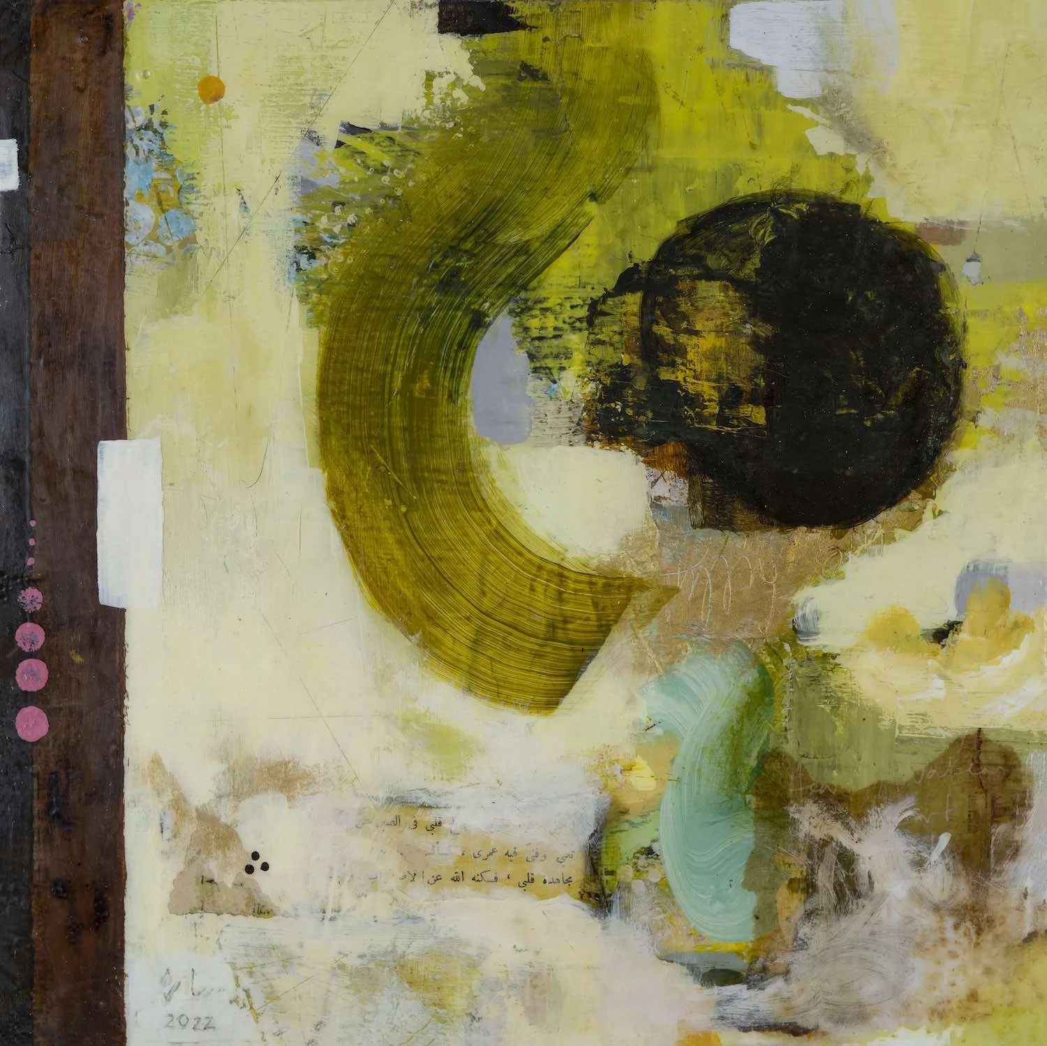 Reflections in Green - mixed media painting on panel in layered yellow-greens, with a sweeping olive arc, a dark circular form and fragments of Arabic text, the first work of a new collection by Sara Kabariti
