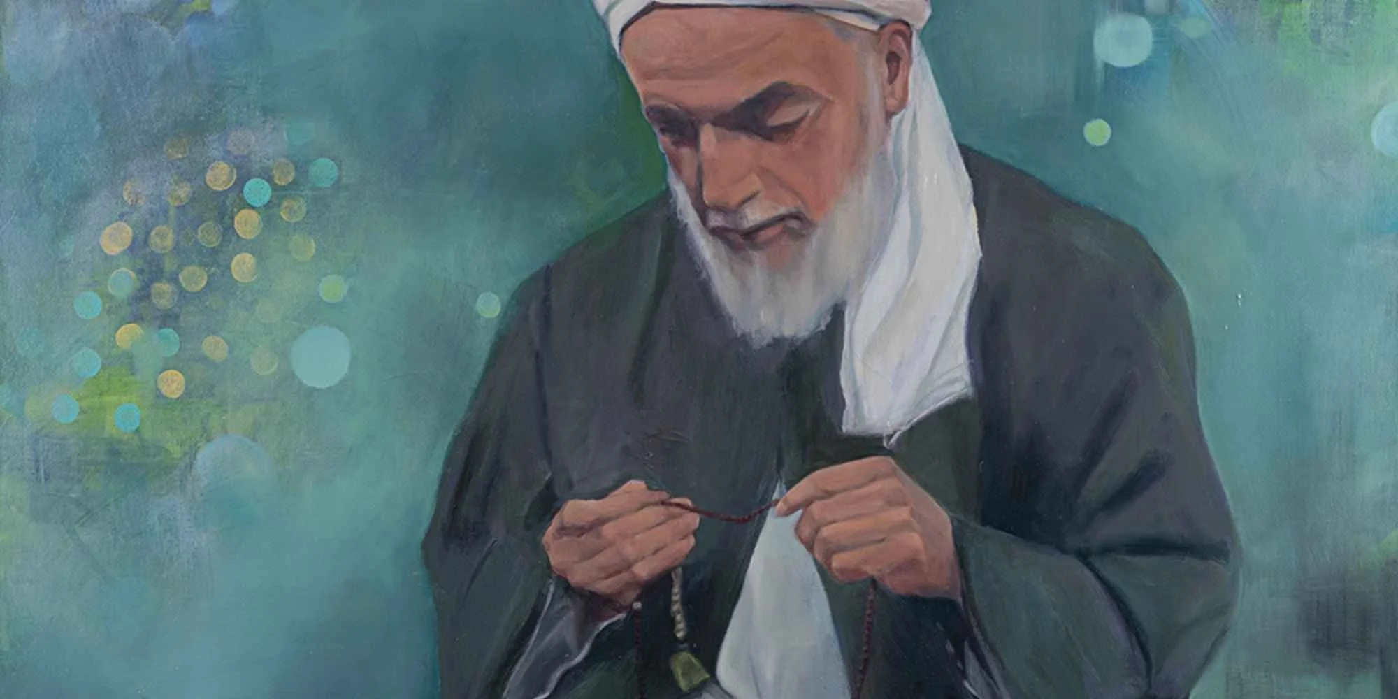 Faith - contemplative portrait painting of a man in prayer holding prayer beads, by Sara Kabariti