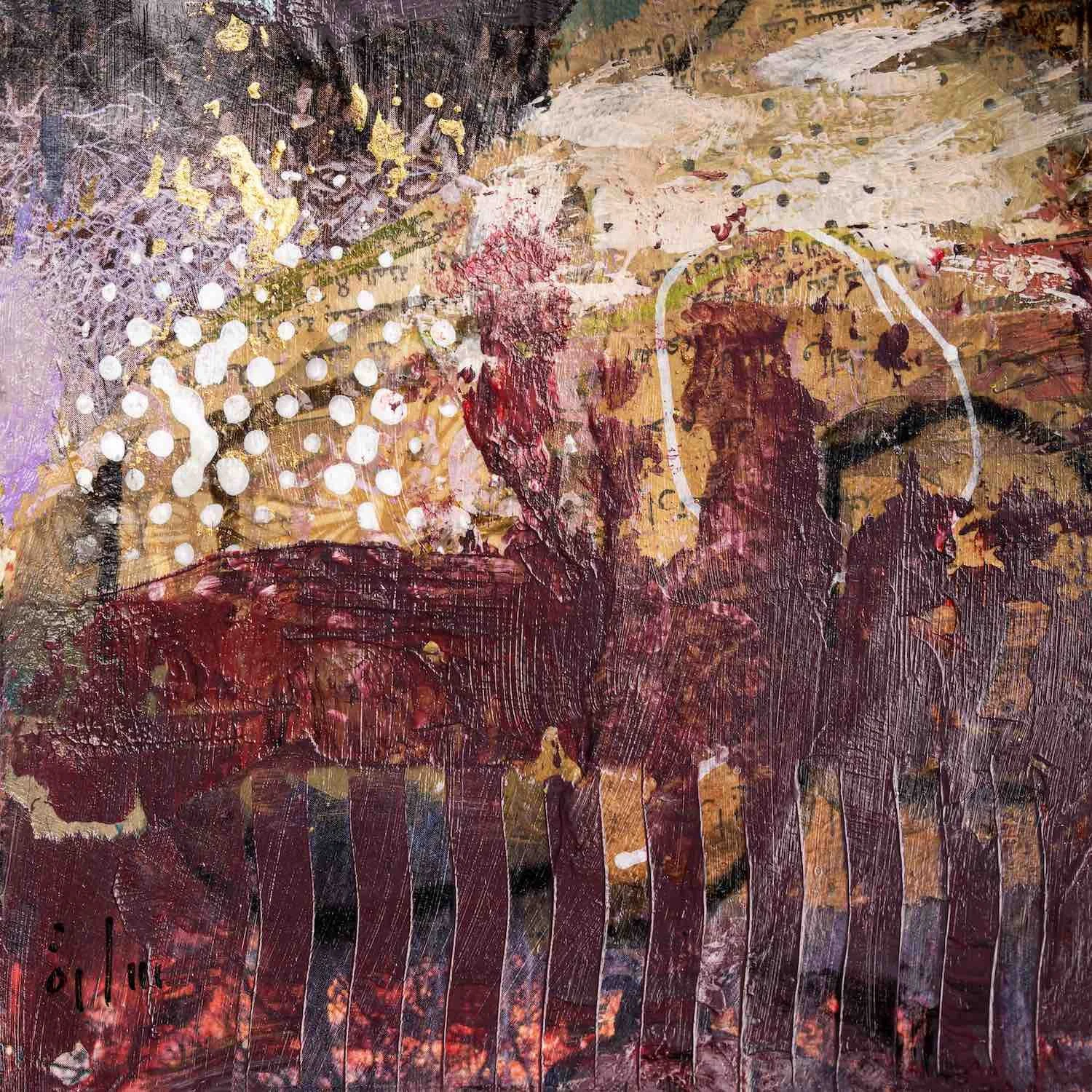 Hudur (Presence) - original mixed media miniature painting of silhouetted figures in deep burgundy with gold and a constellation of white dots by Sara Kabariti