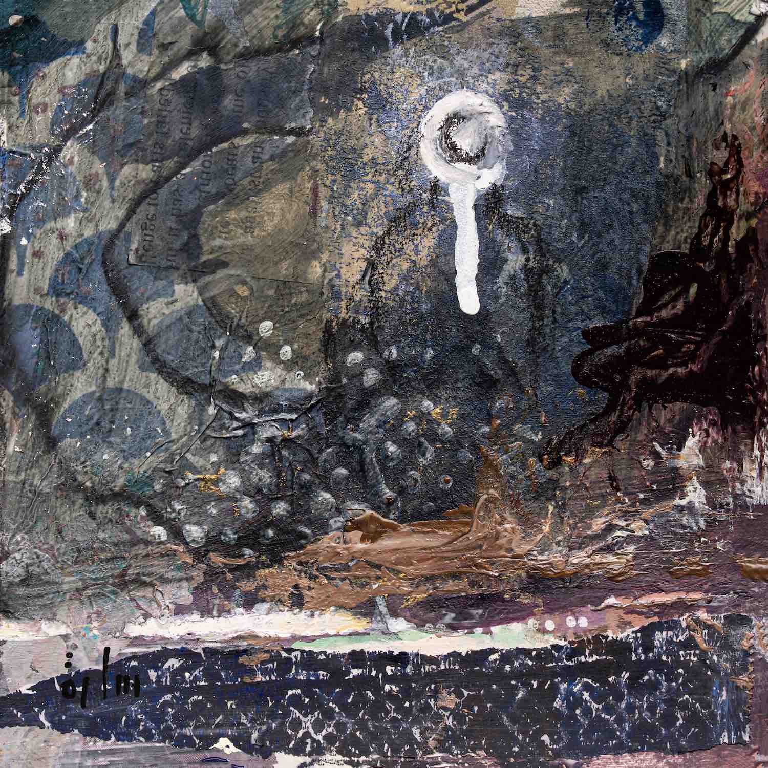 Munajat (Night Discourse) - original mixed media miniature painting of a turbaned figure seen from behind, reflecting in the night beneath a falling light, Athar Collection by Sara Kabariti