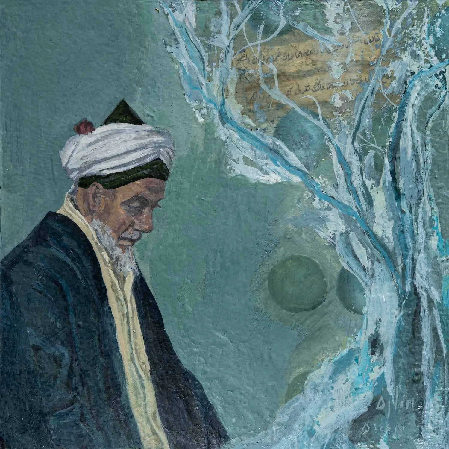 Oppose and Defy, a turbaned elder in profile, a teal and white tree-like form, six partially covered olive-teal circles, a collaged Arabic verse fragment, from the Burda Collection by Sara Kabariti