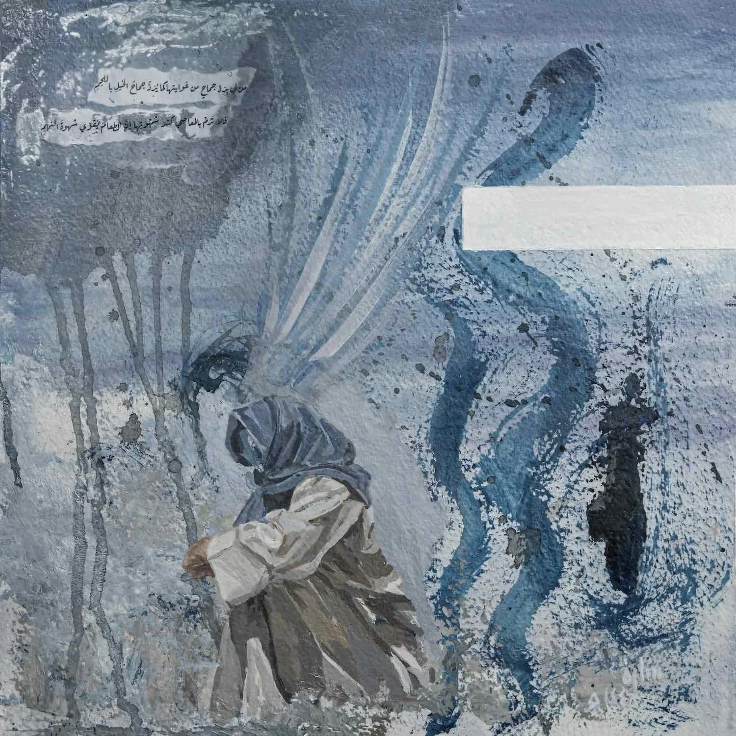 Bridled Soul, a figure wearing a headscarf bent forward, a wing-like sweep of windswept white streaks on a blue ground, a collaged Arabic verse fragment, from the Burda Collection by Sara Kabariti