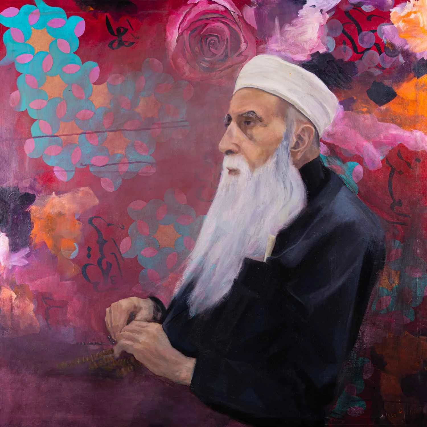 Align - contemplative portrait painting of an elderly man in a white turban holding prayer beads, with Arabic calligraphy and rose motifs by Sara Kabariti