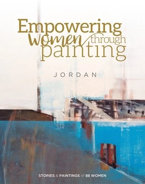 Empowering Women through Painting - Jordan" book cover, featuring an abstract painting in blue and cream tones, subtitled "Stories and Paintings of 88 Women