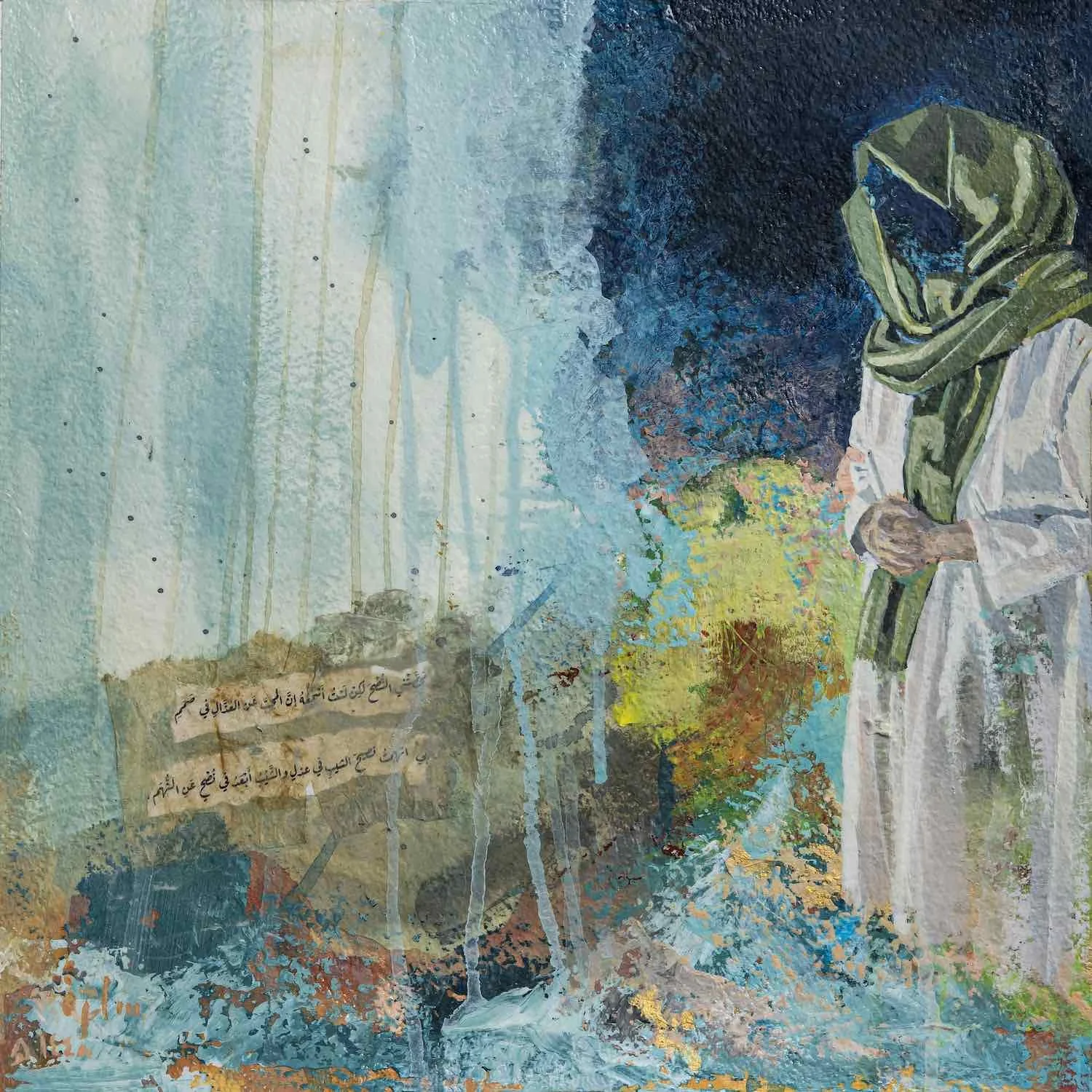 Deaf to Counsel, a hooded figure in olive-green against a dark navy sky, a pale ground with vertical drip streaks, a collaged Arabic verse fragment left, from the Burda Collection by Sara Kabariti