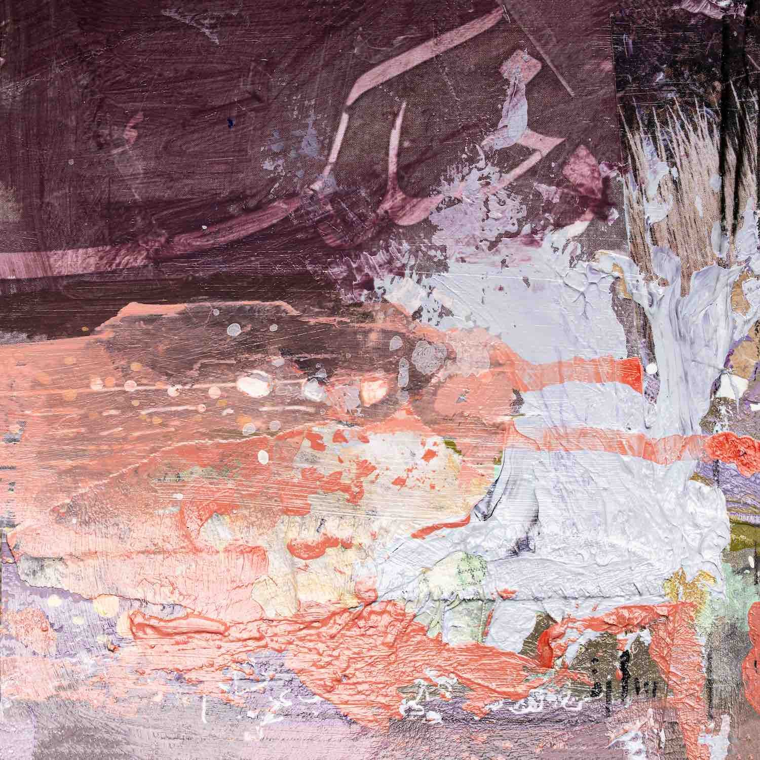 Nida (Call) - original mixed media miniature painting in plum and coral with the Arabic word Dakhilak by Sara Kabariti