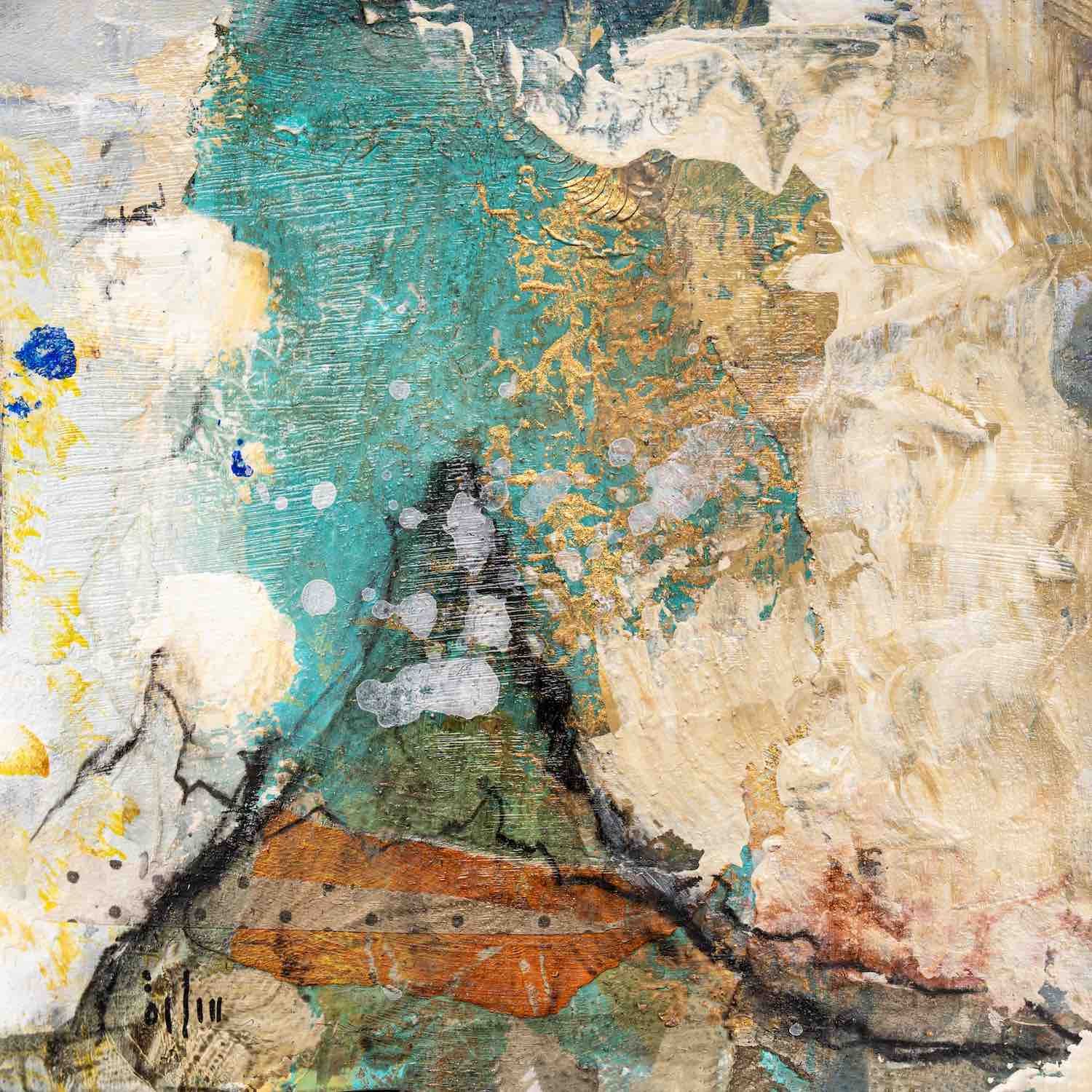Sama (Sky) - original mixed media miniature painting in teal and gold with a small dark mountain form by Sara Kabariti