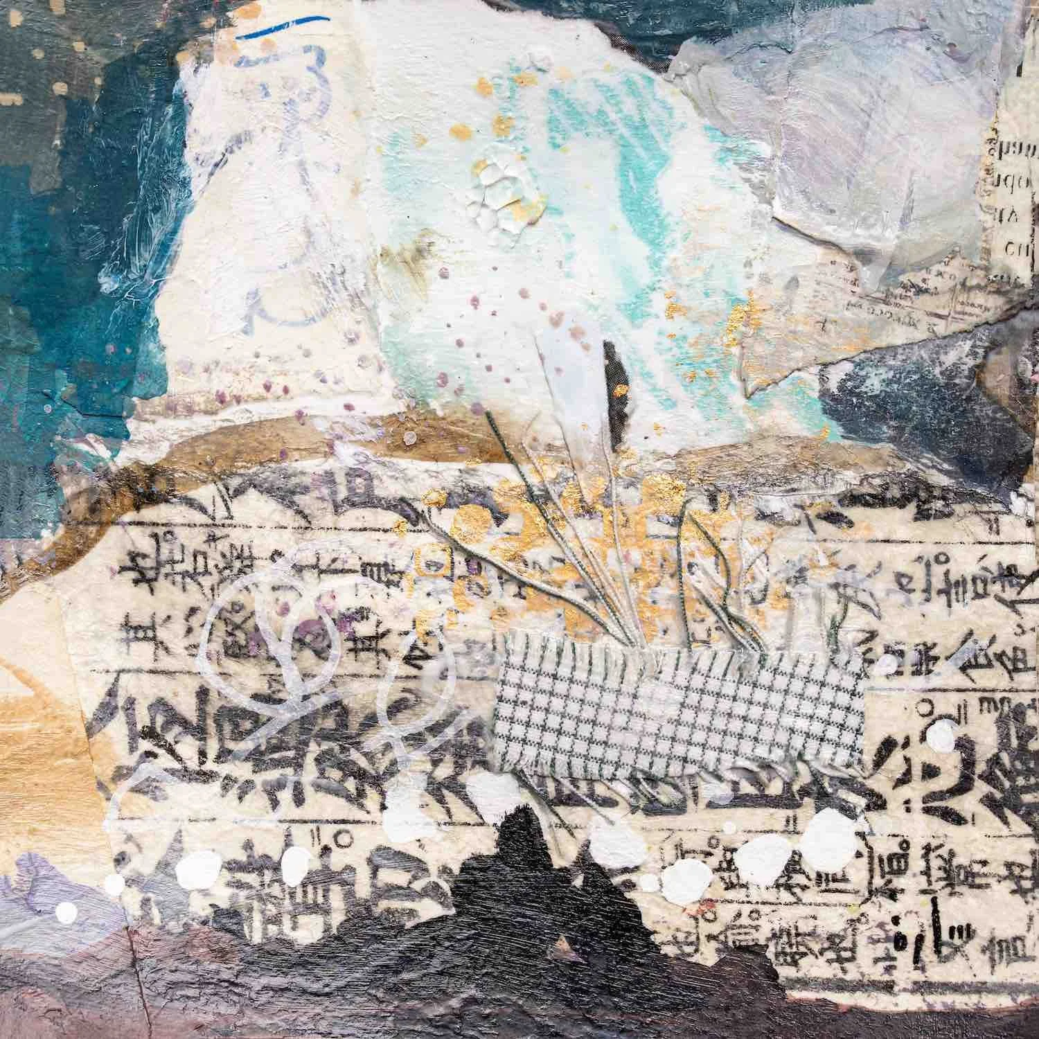 Tafakkur (Contemplation) - original mixed media miniature painting of a small figure amid pale vastness with collaged text fragments by Sara Kabariti