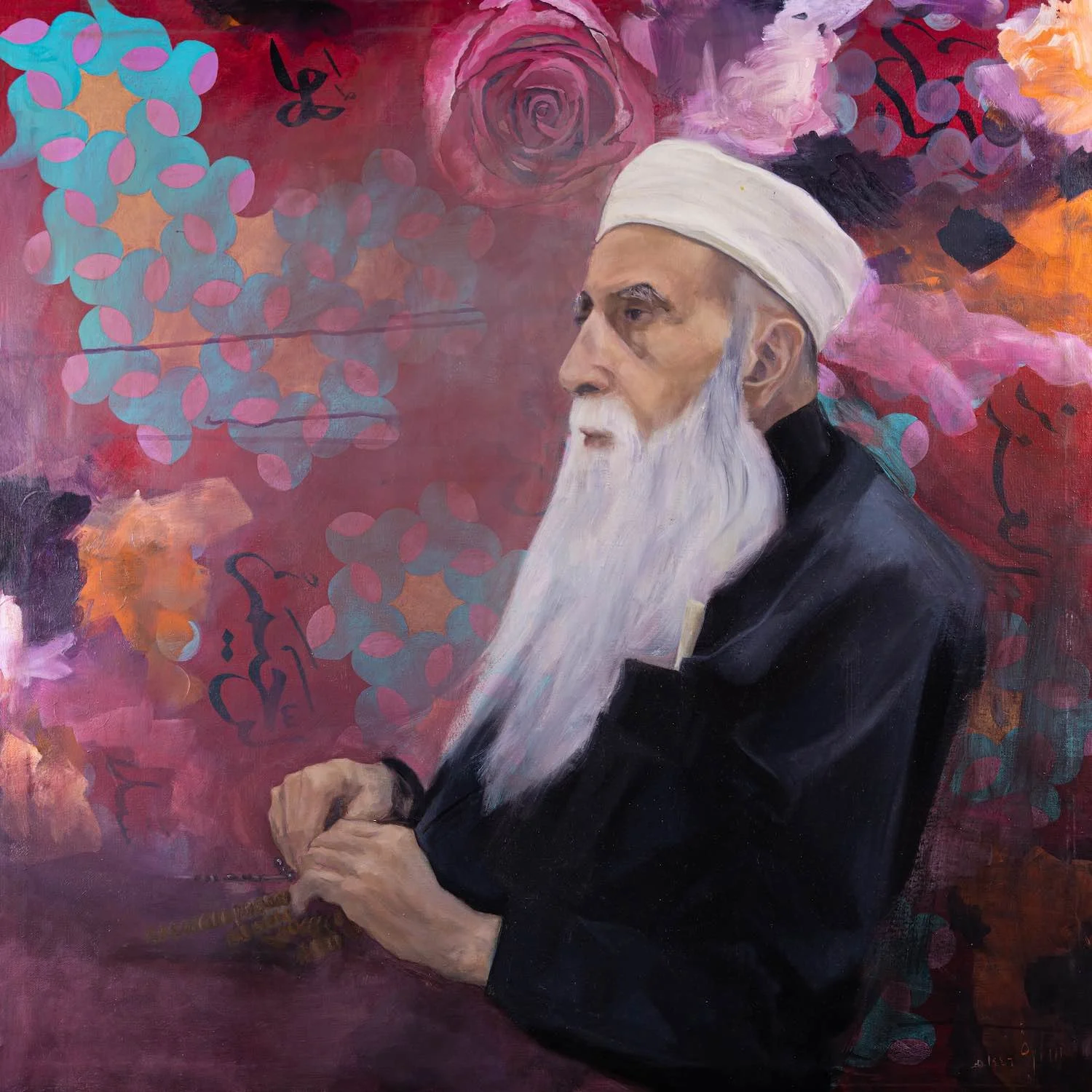Align - contemplative portrait painting of an elderly man in a white turban holding prayer beads, with Arabic calligraphy and rose motifs by Sara Kabariti