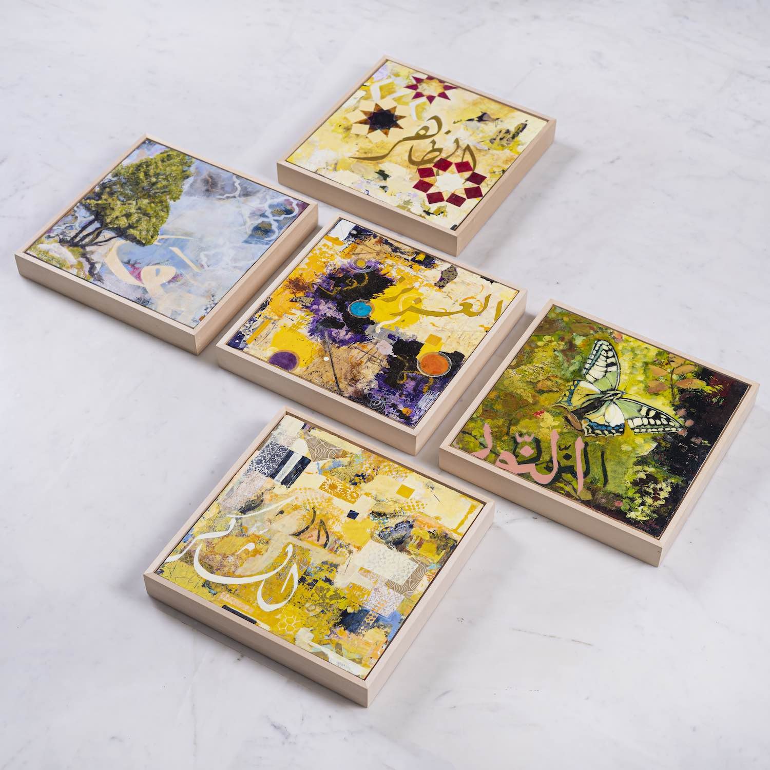 Five framed original paintings from the Hu Collection, mixed media on panel, by Sara Kabariti