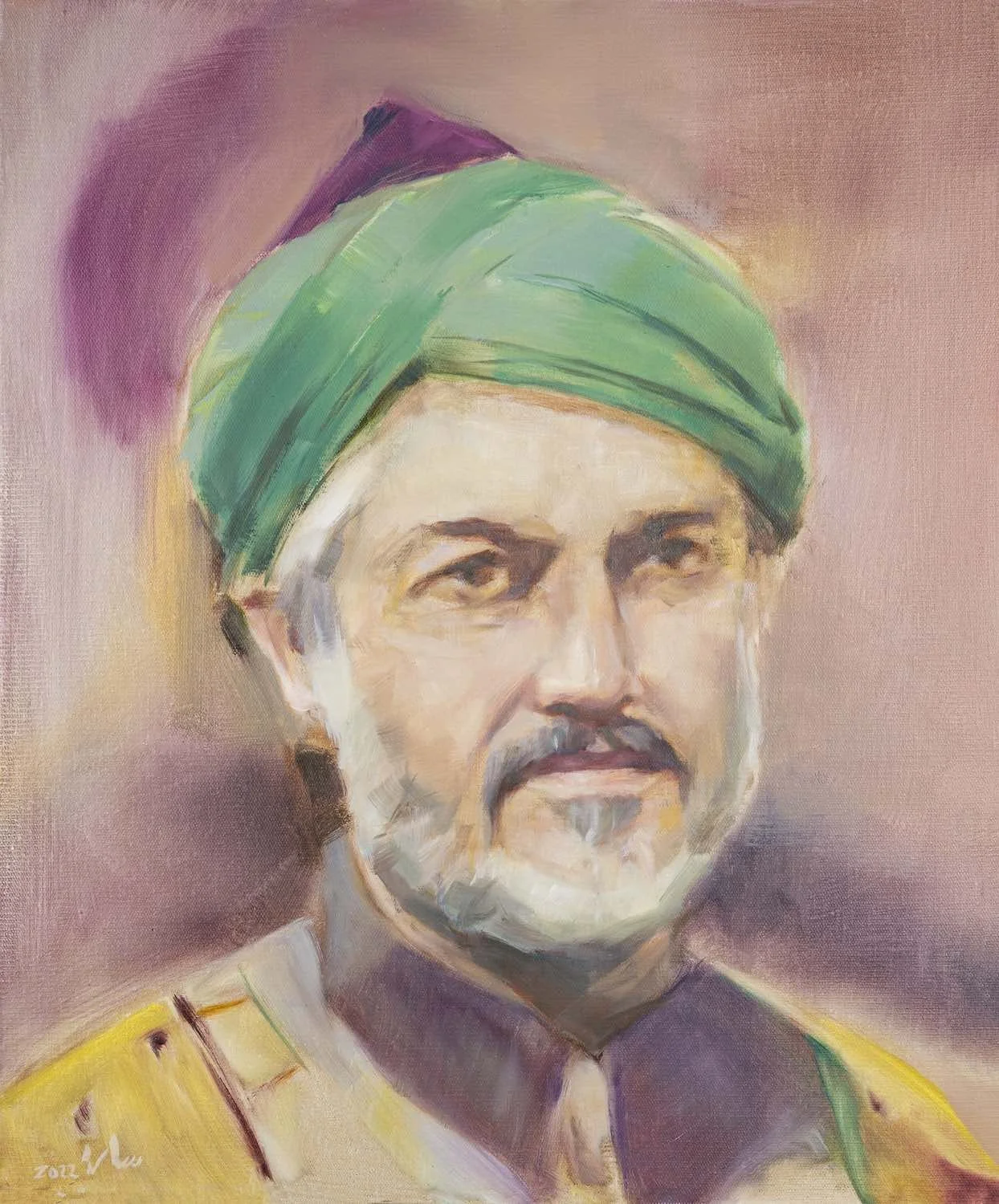 Naqsh - original oil portrait painting of a man in a green turban by Sara Kabariti