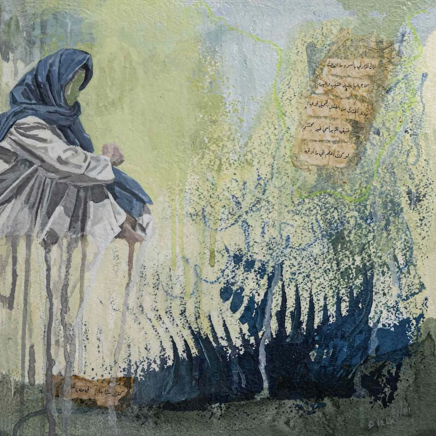 Unheeded Warning, a hooded figure crouched with one arm resting across a raised knee, against a pale green-yellow ground with vertical drip streaks, two collaged Arabic verse fragments, from the Burda Collection by Sara Kabariti