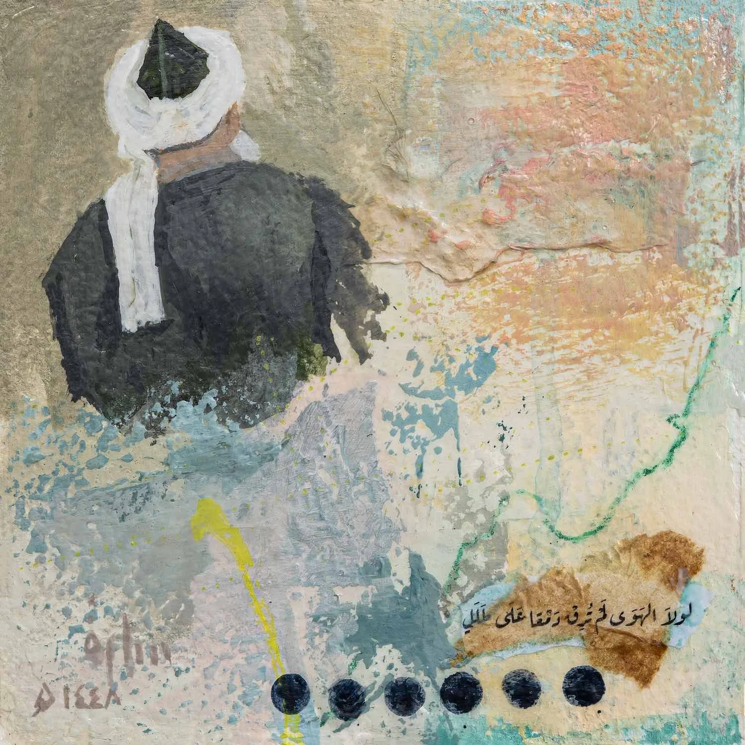 Traces of the Beloved, a turbaned man seen from behind in a dark robe, a collaged Arabic verse fragment lower right, a row of dark dots along the bottom edge, from the Burda Collection by Sara Kabariti